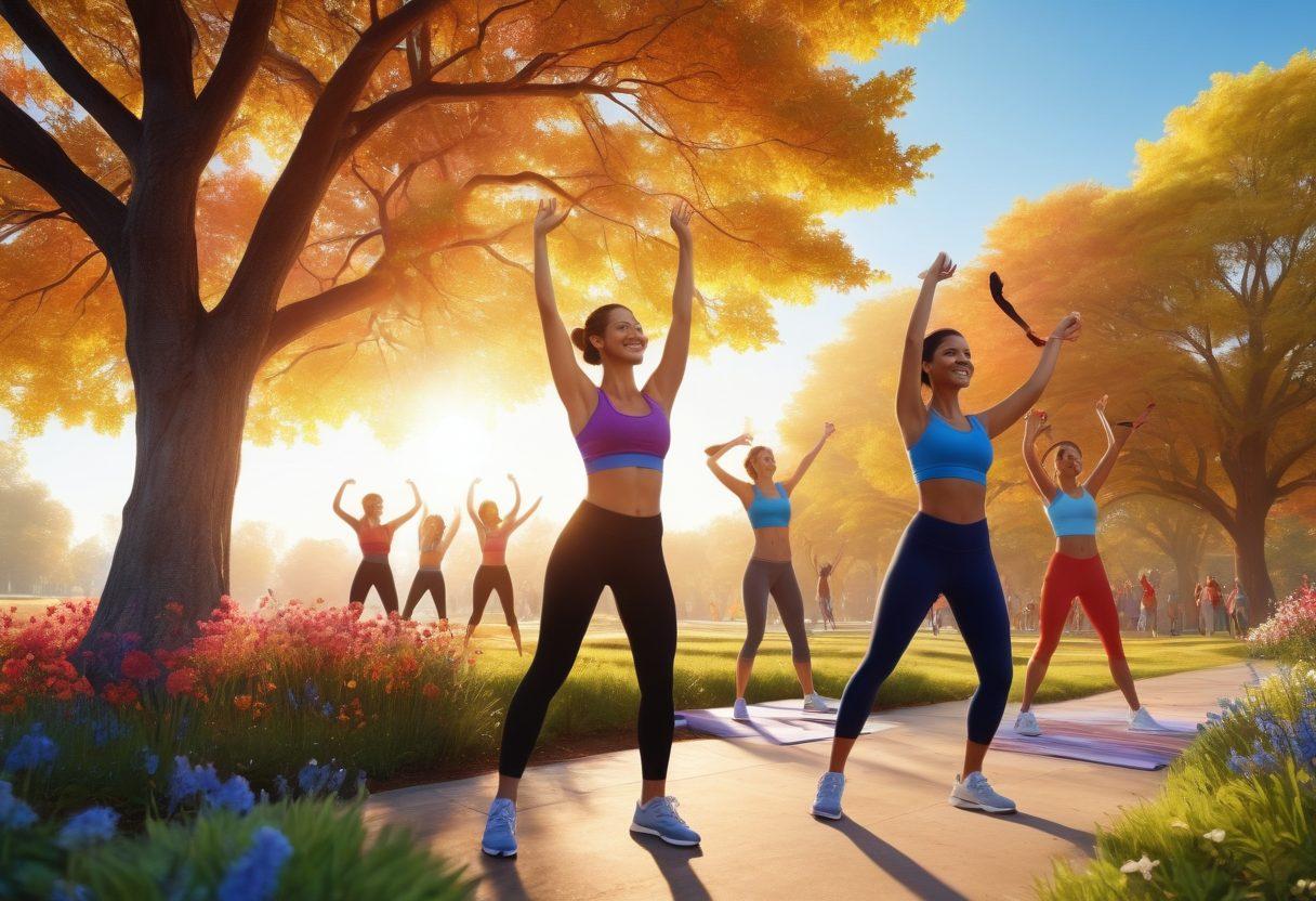 A vibrant sunrise illuminating a lively outdoor fitness class, showcasing diverse people in joyful motion - stretching, dancing, and exercising with smiles. In the background, colorful trees and flowers symbolize cheerfulness and vitality. A striking contrast between the warmth of the sun and the clear blue sky. super-realistic. vibrant colors. 3D.
