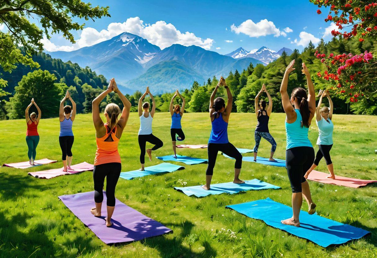 A vibrant scene depicting a diverse group of people joyfully engaging in various outdoor activities such as hiking, biking, and yoga in a sunny park setting. The background features lush green grass, colorful flowers, and distant mountains under a bright blue sky, symbolizing the transition from gym workouts to nature. Include elements of fitness gear like yoga mats, bicycles, and backpacks scattered around. The atmosphere should evoke a sense of elation and freedom. super-realistic. bright colors. lush nature.