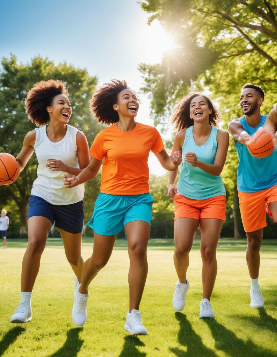A vibrant scene of a diverse group of people engaging in different team sports, showcasing joy and elation. Bright smiles and laughter can be seen as they pass a soccer ball, play basketball, and do a group fitness exercise in a sunny park. The background features lush greenery and a clear blue sky, evoking a sense of happiness and teamwork. Bright colors, dynamic poses, and an energetic atmosphere enhance the theme of cheerful fitness. super-realistic. vibrant colors. sunny outdoor setting.